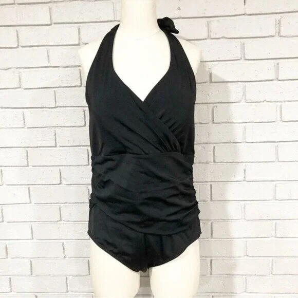 Boden Women Black Halter Ruched Tummy Friendly One Piece Swimsuit | Size 8 - Picture 5 of 15